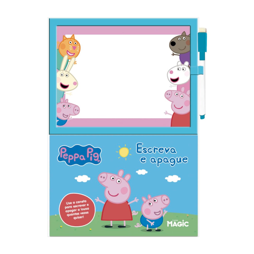 Livro Peppa Pig Escreva e Apague, capa azul com Peppa e George e lousa branca. — Plenitude