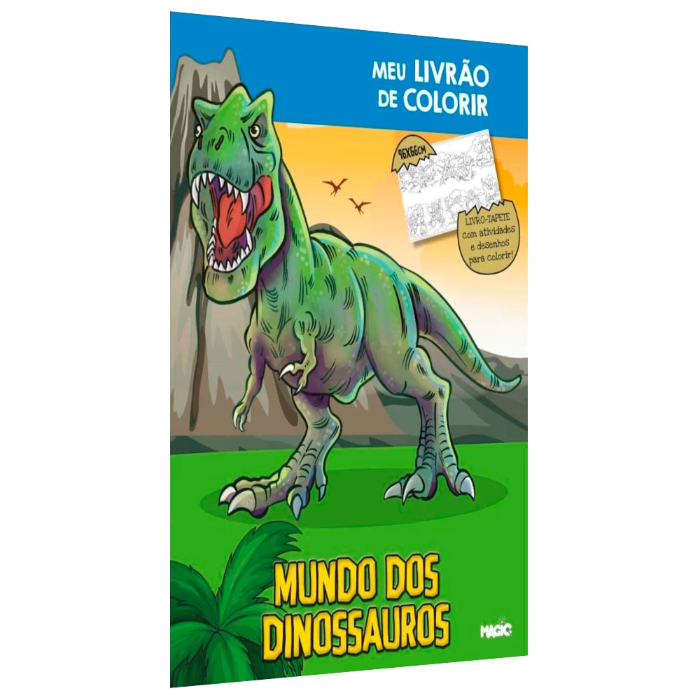 Livro de Colorir Mundo dos Dinossauros, capa azul e verde com ilustração de um T-Rex. — Plenitude