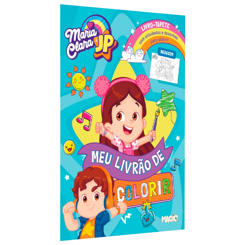 Livro de colorir Maria Clara e JP, capa azul com ilustrações de Maria Clara e JP, texto "MEU LIVRÃO DE COLORIR" — Plenitude