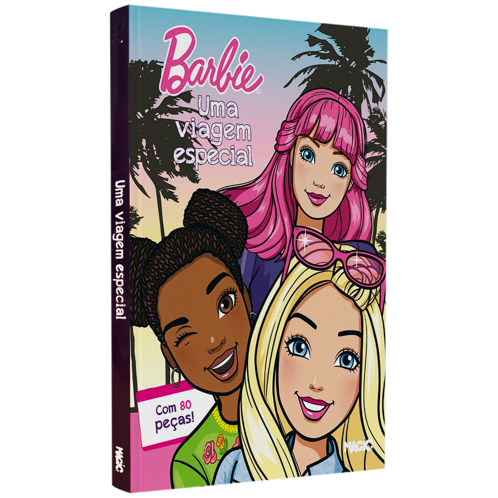 Livro Barbie Uma Viagem Especial, Magic, capa colorida com três personagens femininas. — Plenitude