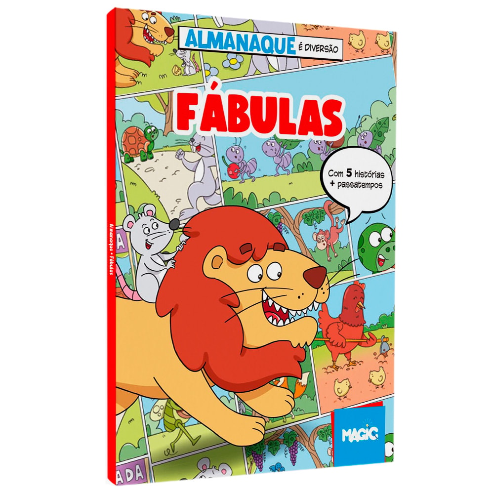 Livro Fábulas Almanaque É Diversão, capa com ilustrações de animais e indicação de 5 histórias — Plenitude