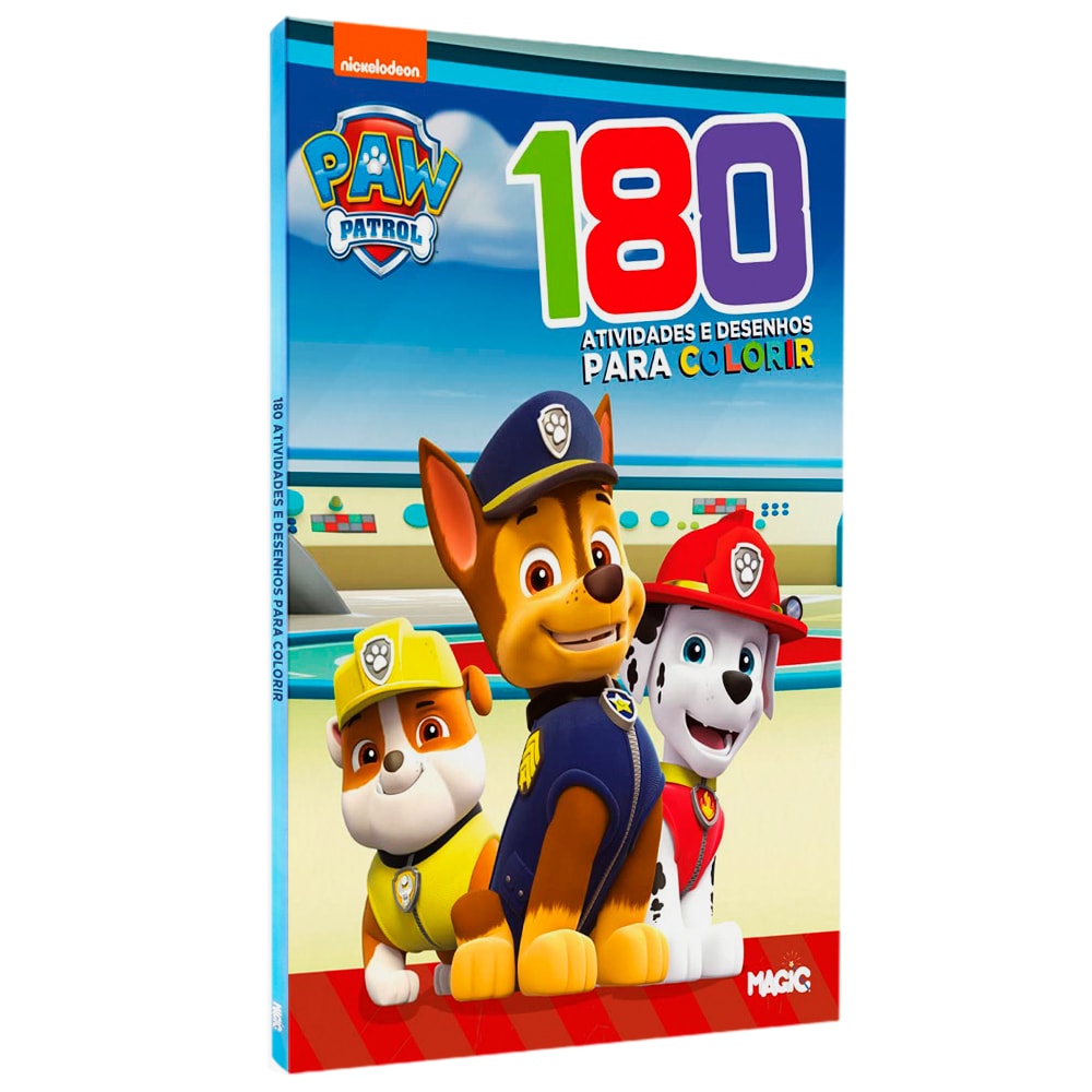 Livro de atividades Patrulha Canina, capa azul com Chase, Marshall e Rubble, texto "180 ATIVIDADES" — Plenitude