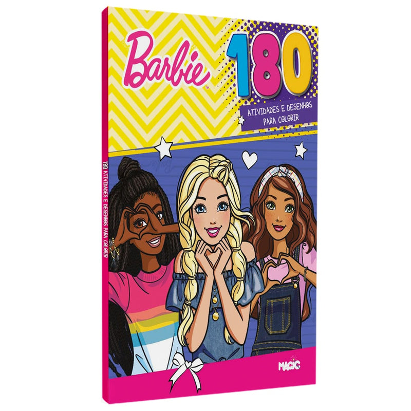 Livro Barbie 180 Atividades, capa com três Barbies e fundo colorido. — Plenitude