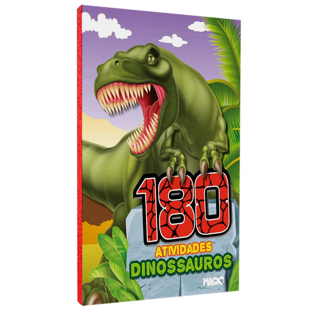 Livro de atividades Dinossauros 180 Atividades, capa ilustrada com T-Rex, verde e vermelho — Plenitude