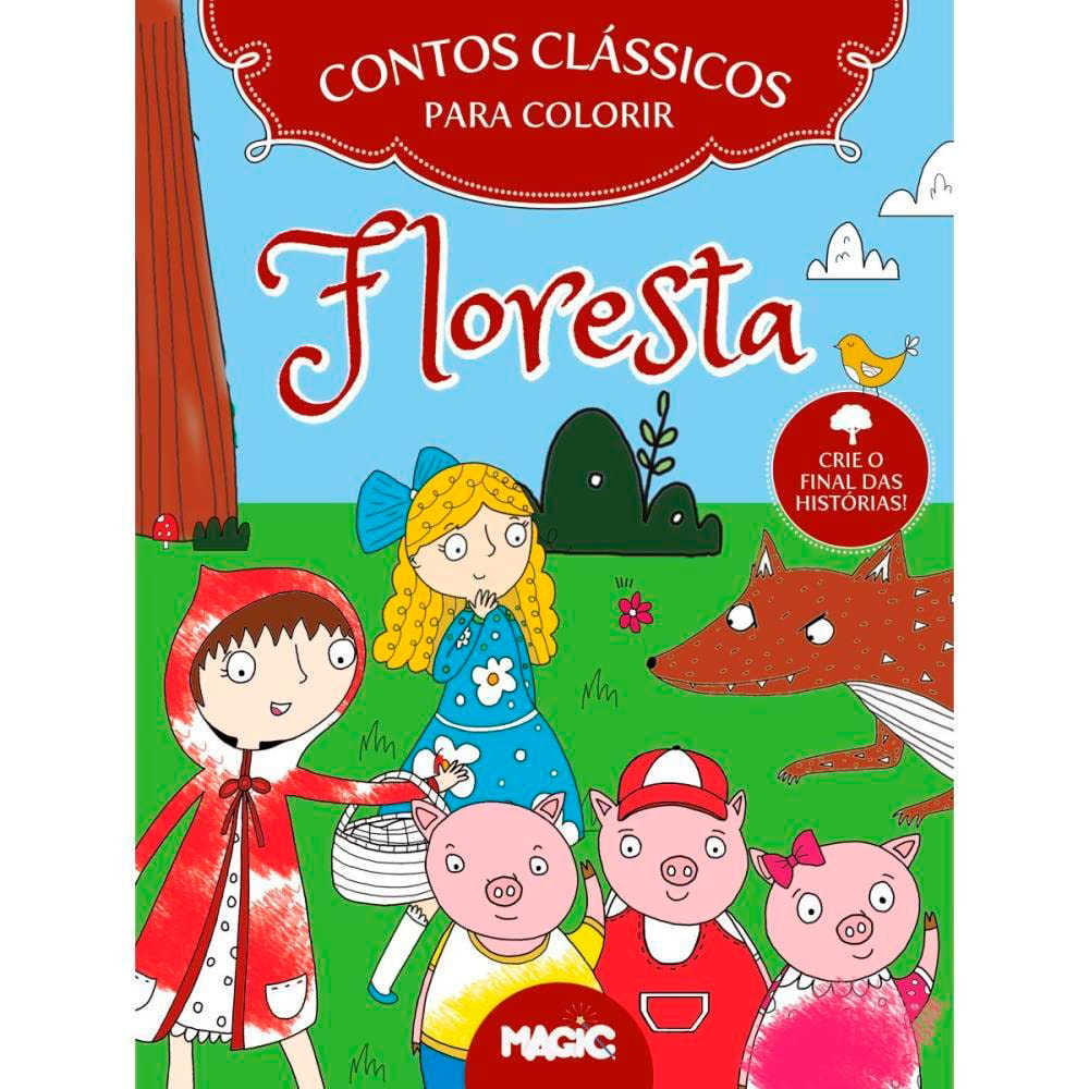 Livro Floresta Contos Clássicos Para Colorir, capa com personagens de contos de fadas e animais — Plenitude