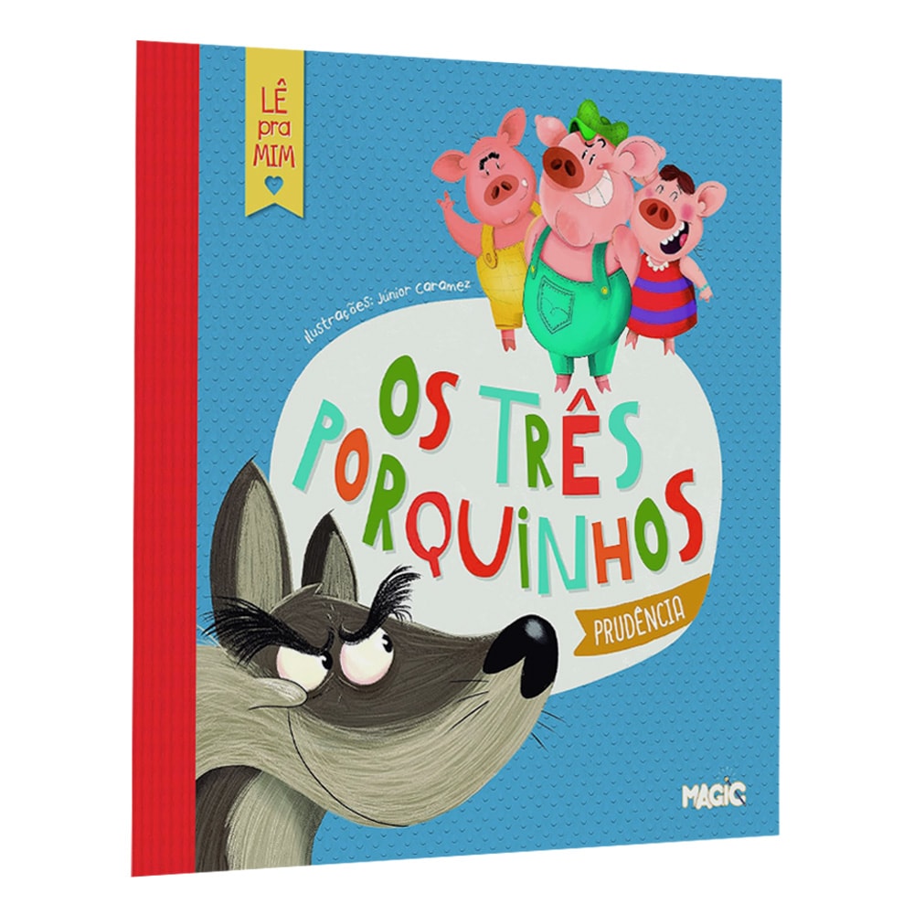 Livro Os Três Porquinhos da Prudência, capa azul com ilustrações dos porquinhos e o lobo — Plenitude