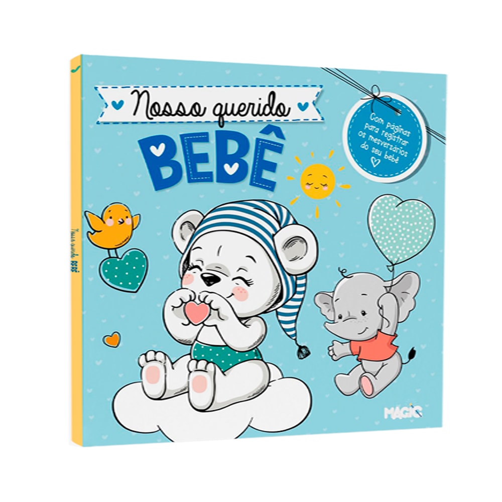 Livro Nosso Querido Bebê da Magic Kids, capa azul clara com ilustrações de urso e elefante bebê — Plenitude