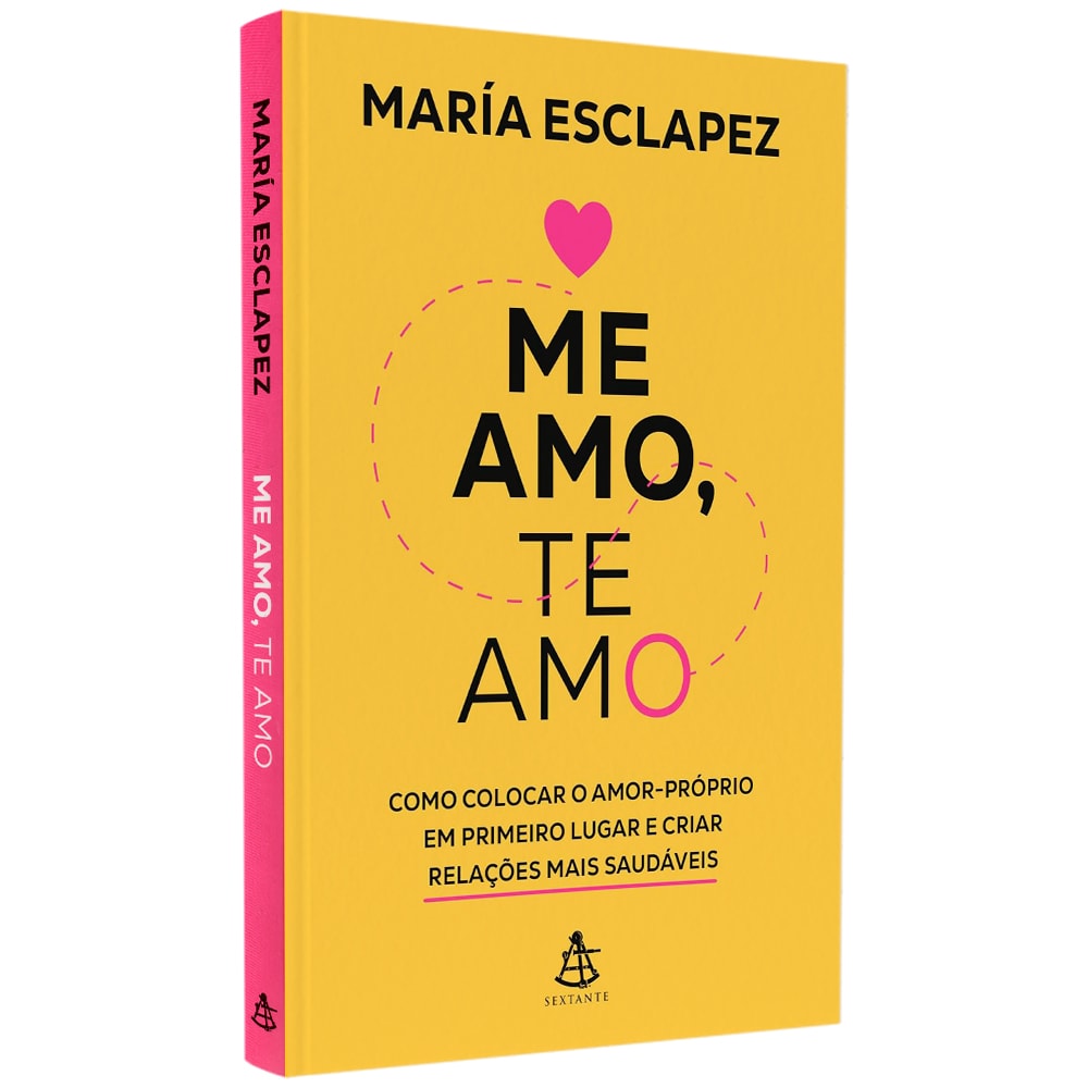 Livro Me Amo, Te Amo, capa amarela com título rosa e ilustração de coração. — Plenitude