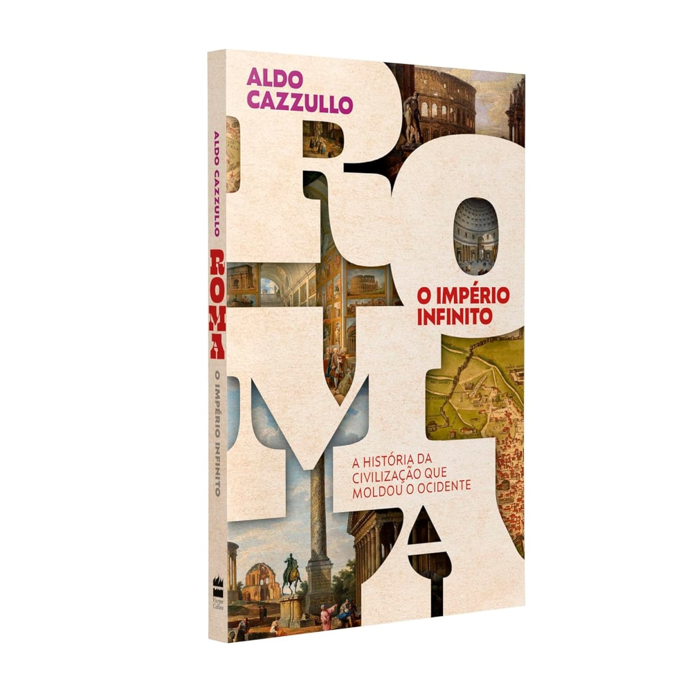 Livro "Roma O Império Infinito" de Aldo Cazzullo, capa branca com letras vazadas e imagens de Roma — Plenitude