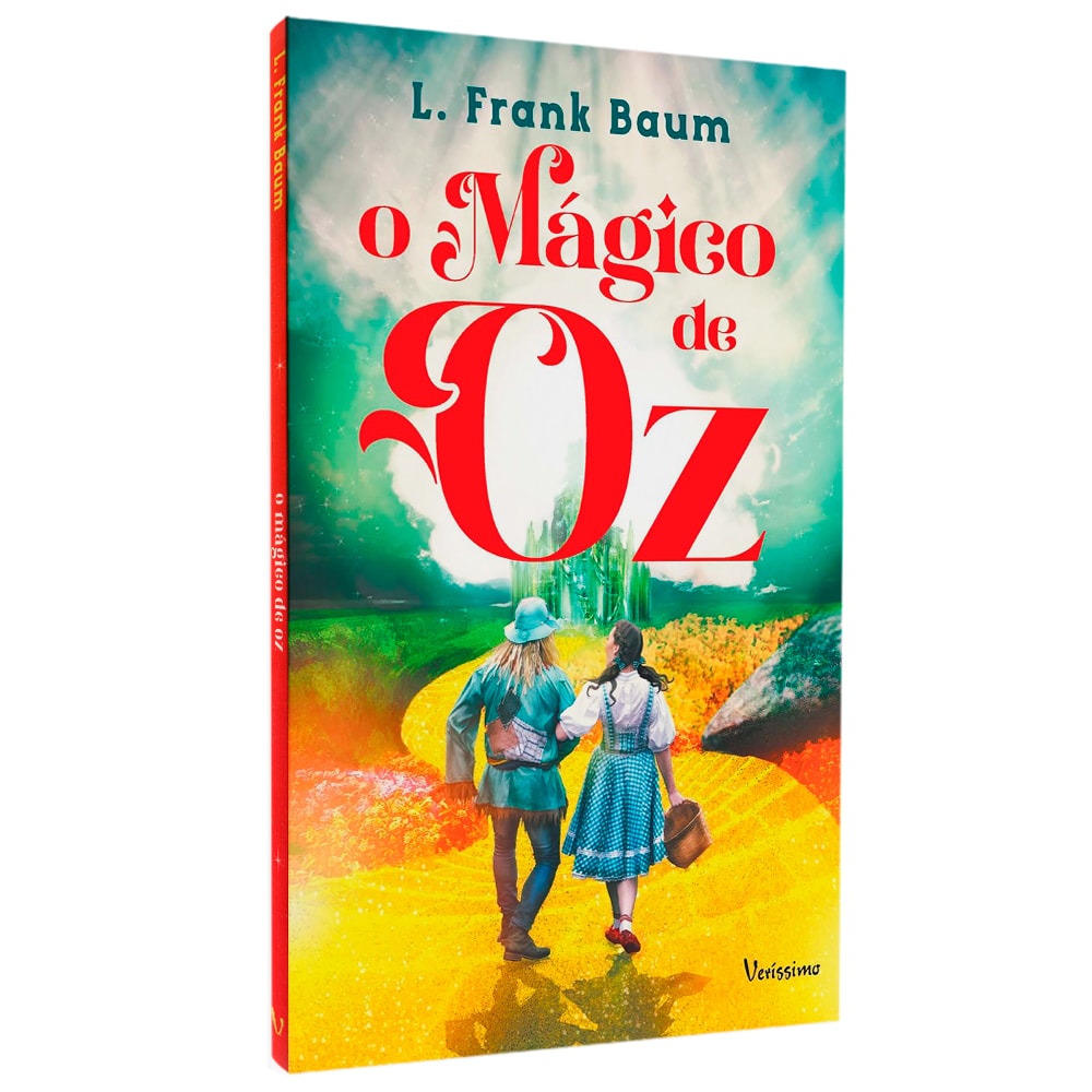 Livro O Mágico de Oz, de L. Frank Baum, capa colorida com Dorothy e Espantalho em estrada amarela. — Plenitude