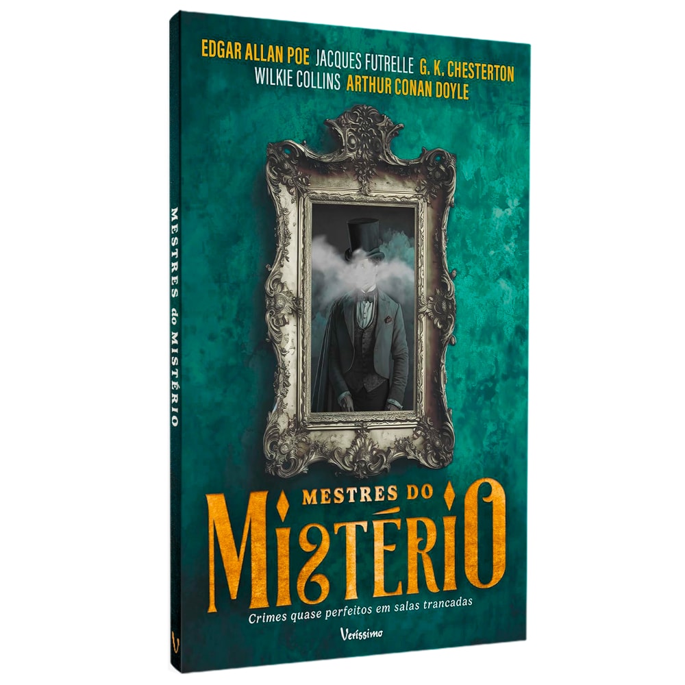 Livro Mestres do Mistério, capa verde com moldura e homem de chapéu. — Plenitude