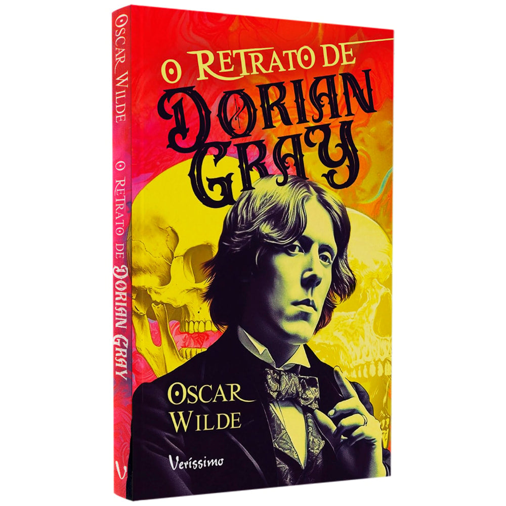Livro O Retrato de Dorian Gray, de Oscar Wilde, capa vermelha com retrato de homem e caveira. — Plenitude