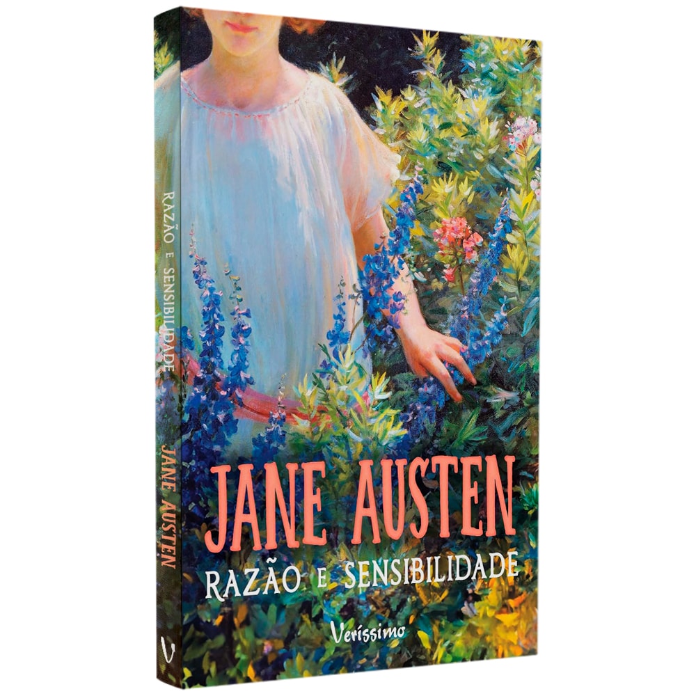 Livro Razão e Sensibilidade de Jane Austen, capa com mulher em jardim florido. — Plenitude