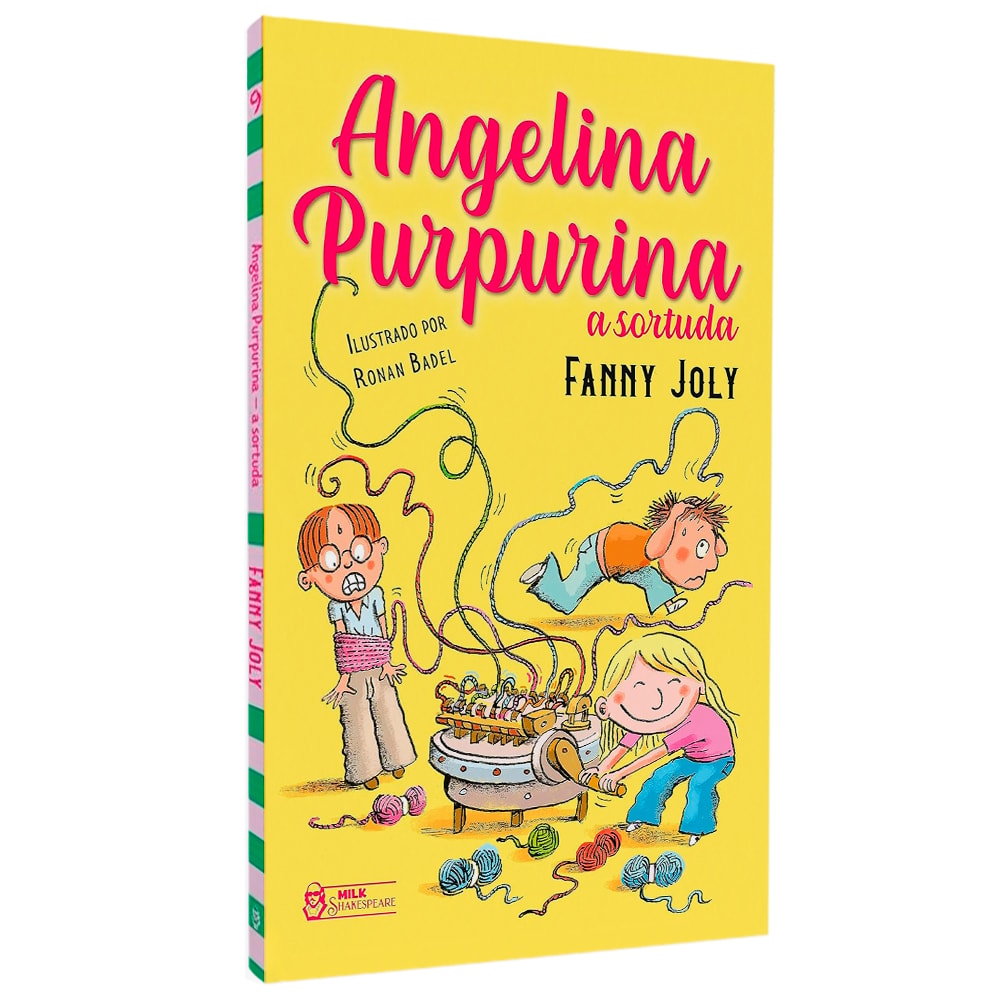 Livro de capa comum amarela com ilustração de crianças e título "Angelina Purpurina a Sortuda". — Plenitude