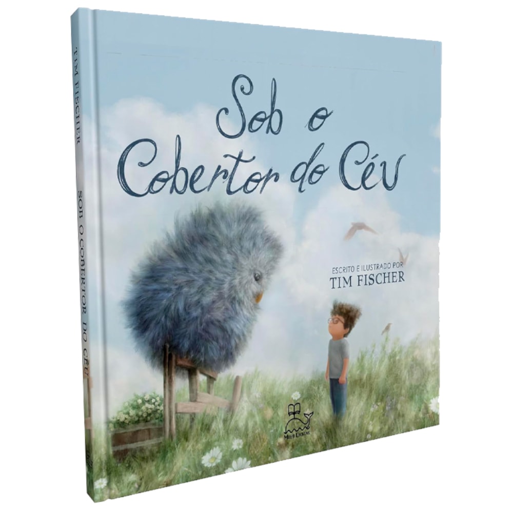 Livro Sob O Cobertor Do Céu, de Tim Fischer, capa azul com criatura peluda e menino em campo. — Plenitude