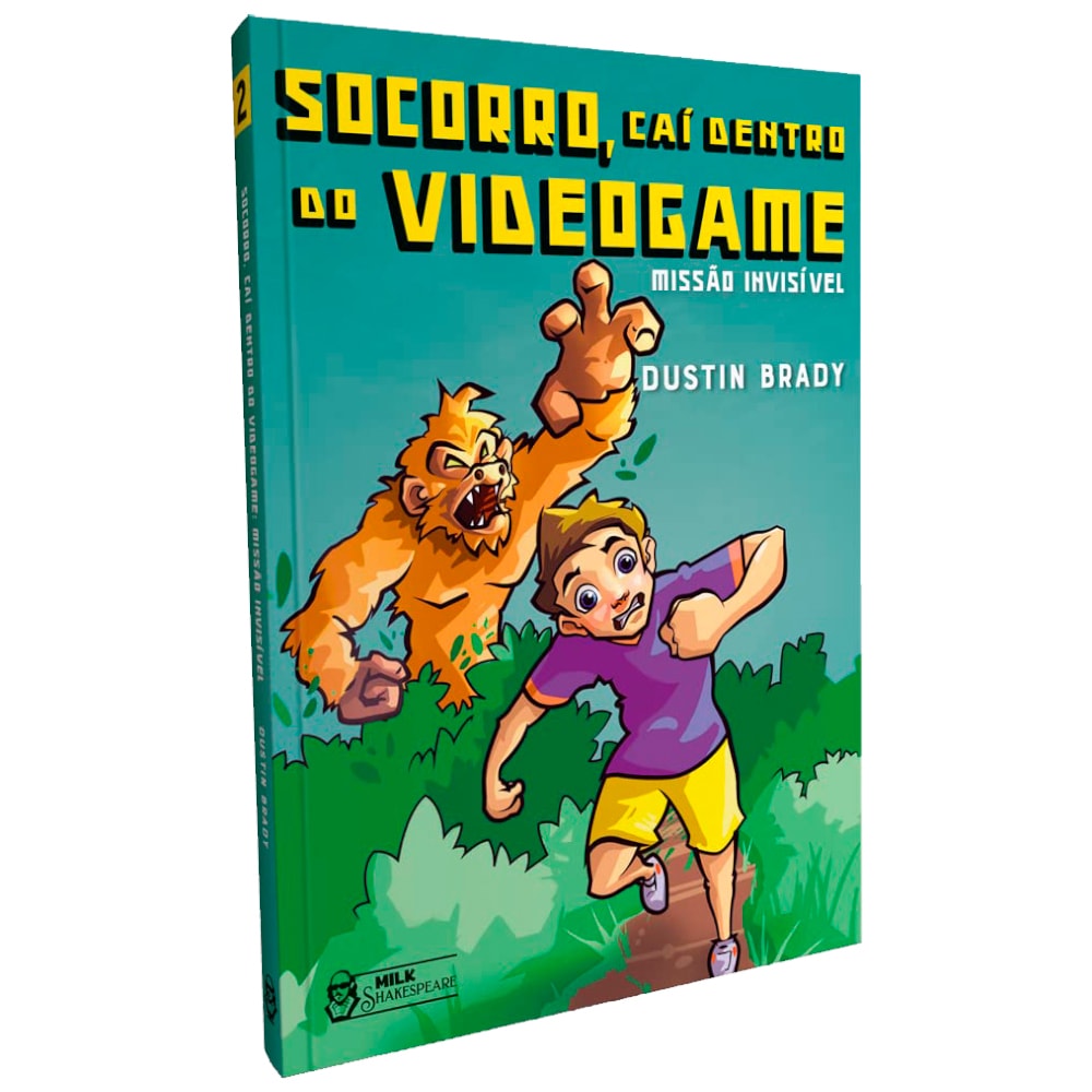 Livro Socorro, Caí Dentro do Videogame 2, de Dustin Brady, capa verde com menino e gorila correndo. — Plenitude