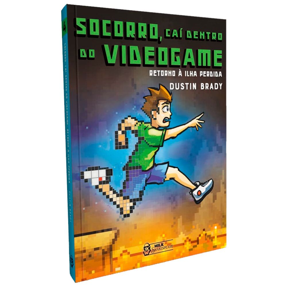 Livro Socorro, Caí Dentro do Videogame 4, de Dustin Brady, capa azul com menino correndo em cenário de videogame. — Plenitude