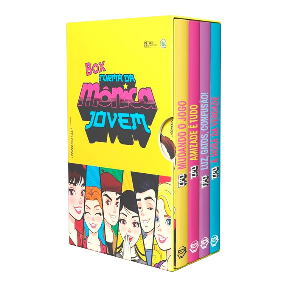 Box de livros Turma da Mônica Jovem, capa amarela com personagens da Turma da Mônica. — Plenitude