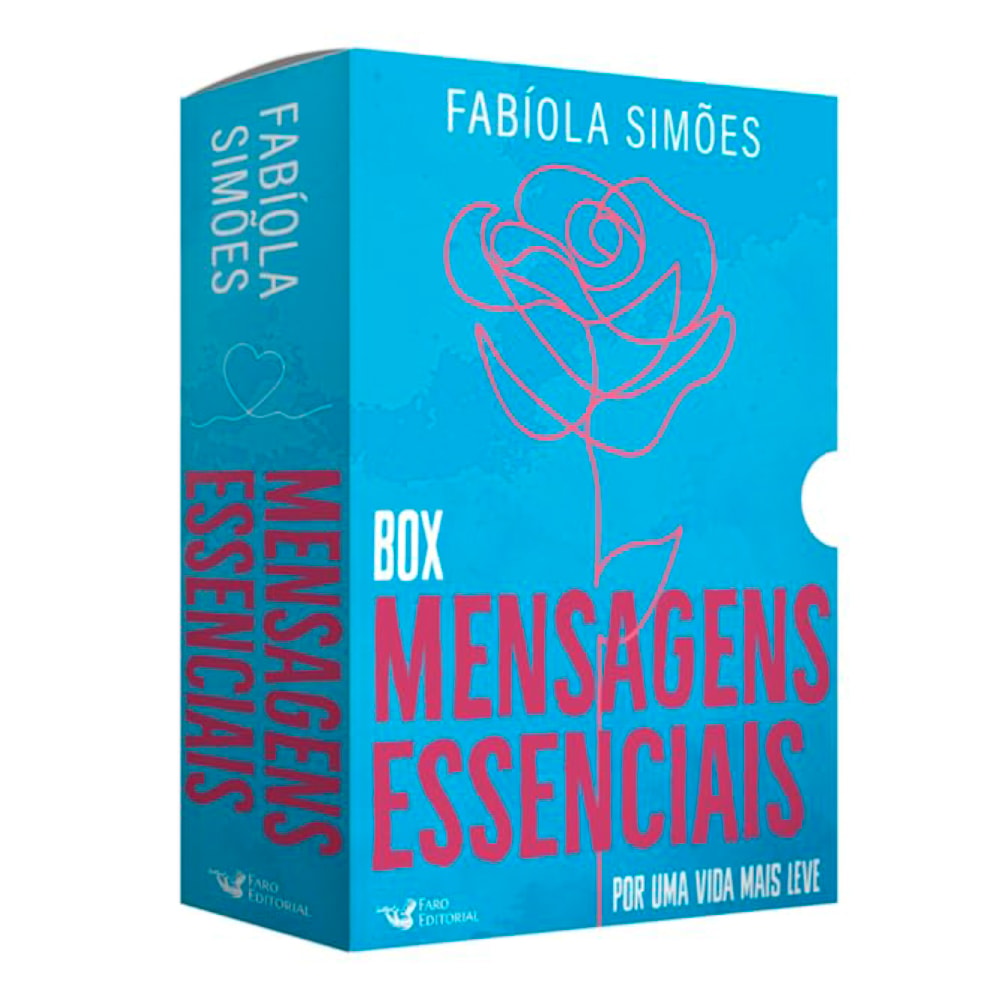 Box de livros, Mensagens Essenciais, de Fabíola Simões, em azul claro com uma rosa vermelha. — Plenitude