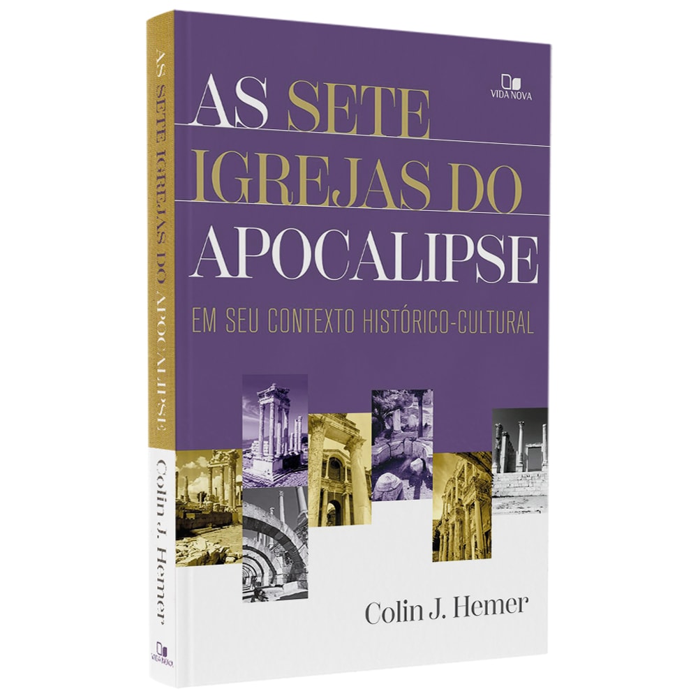 Livro As Sete Igrejas do Apocalipse, capa roxa com colagens de imagens históricas. — Plenitude