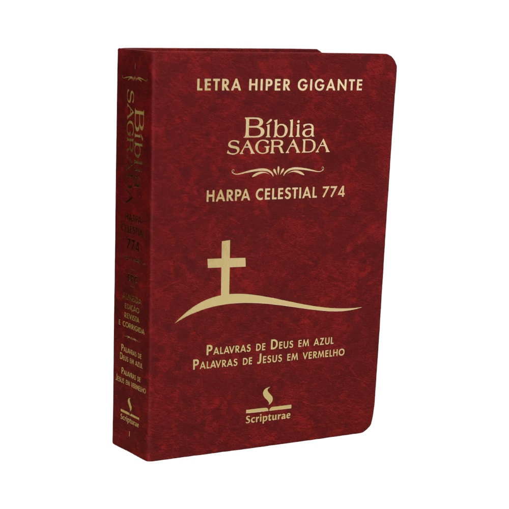 Bíblia Sagrada Harpa Celestial 774, capa luxo bordô com cruz dourada, letra hipergigante, palavras de Deus em azul e Jesus em — Plenitude