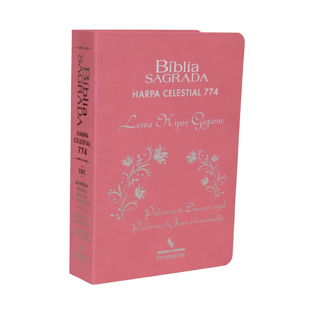Bíblia Sagrada Harpa Celestial 774, capa luxo rosa com detalhes florais, letra hipergigante, palavras de Deus em azul e de Jesus — Plenitude