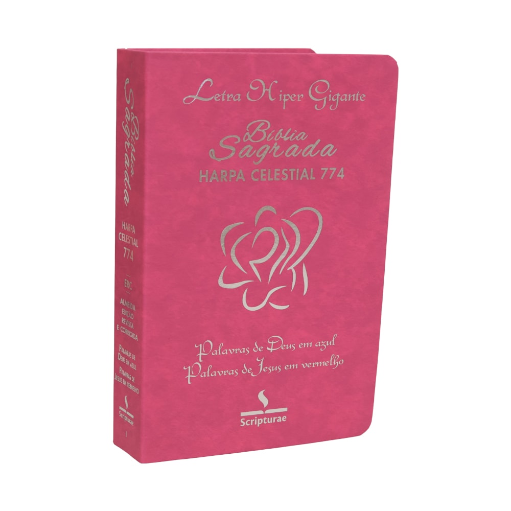 Bíblia Sagrada Harpa Celestial 774 ERC, capa luxo rosa pink, letra hipergigante, com palavras de Deus em azul e Jesus em vermelho — Plenitude