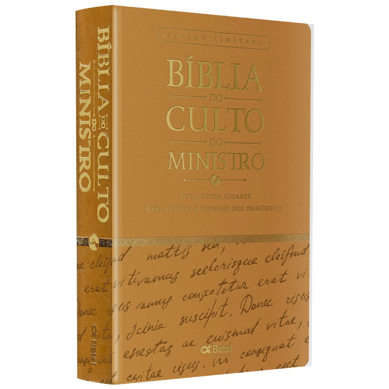 Bíblia do Culto do Ministro com Harpa Cristã e Corinhos, ARC, Letras, capa marrom dourada com texto. — Plenitude