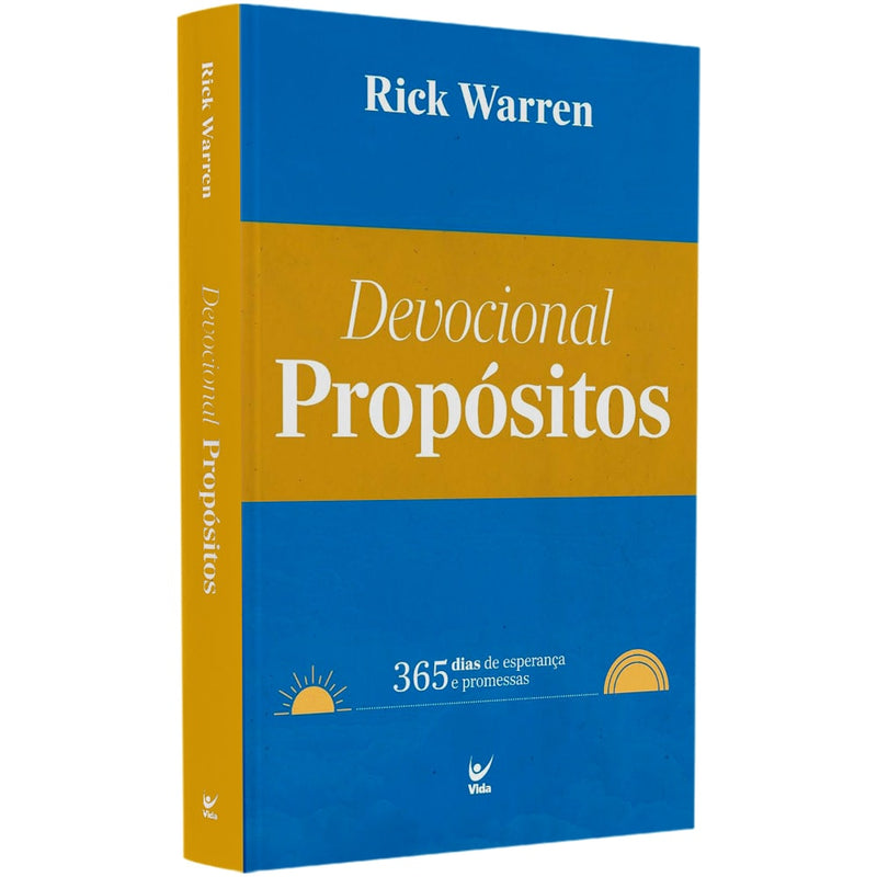 Livro Devocional Propósitos, capa dura azul e amarela com título em branco e ilustrações de sol. — Plenitude