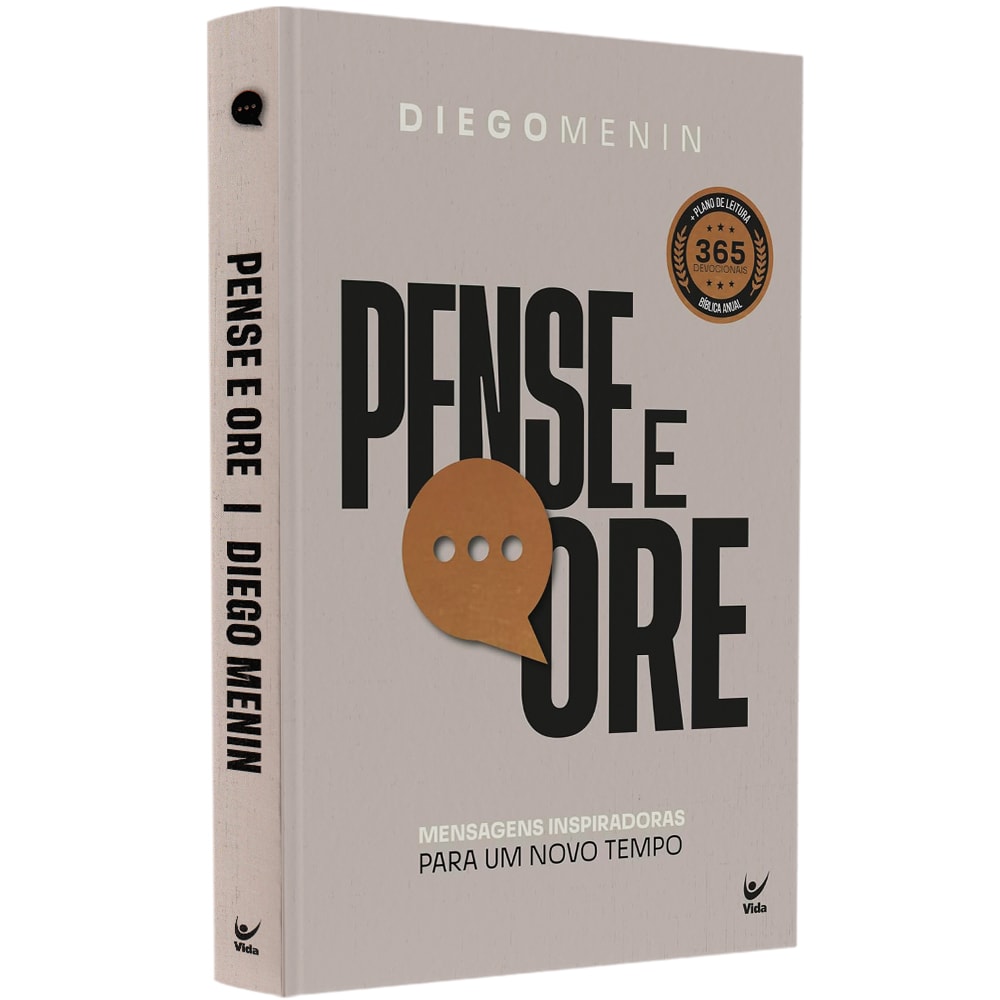 Livro Devocional Pense E Ore, capa bege com título em preto e balão de fala laranja. — Plenitude