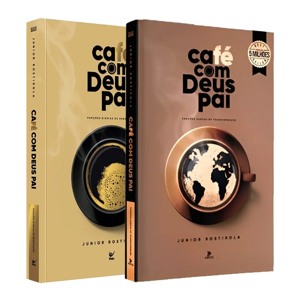 Kit Café com Deus Pai de Junior Rostirola, dois livros com capas em tons de bege e marrom, com xícaras de café. — Plenitude