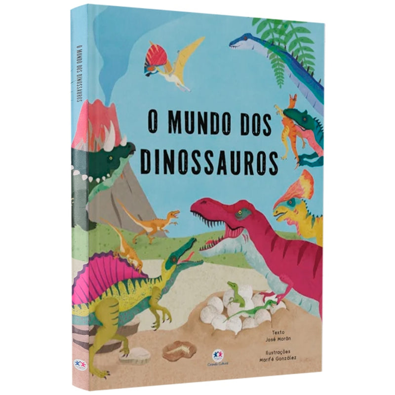Livro O Mundo dos Dinossauros de José Morán, capa ilustrada com dinossauros coloridos. — Plenitude