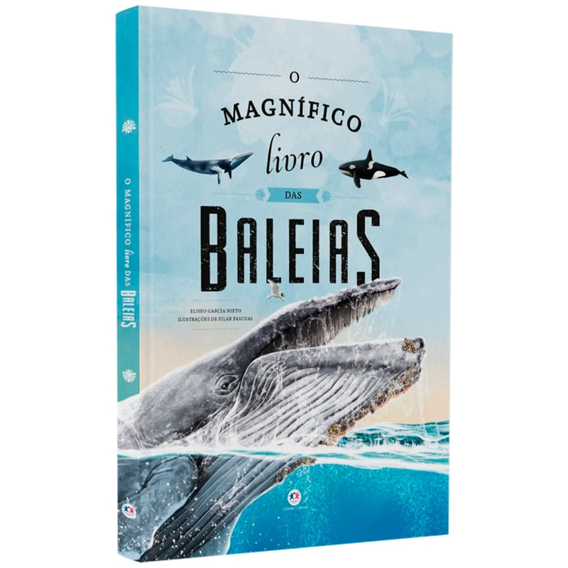 Livro O Magnífico Livro das Baleias de Eliseo García Nieto, capa azul com baleias. — Plenitude