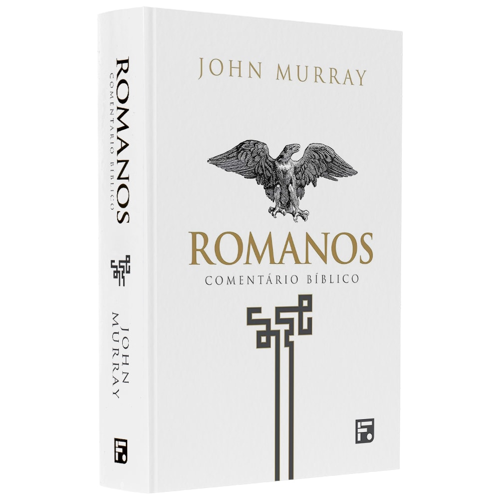 Livro "Romanos | Comentário Bíblico" de John Murray, capa dura branca com título em preto e imagem de águia. — Plenitude