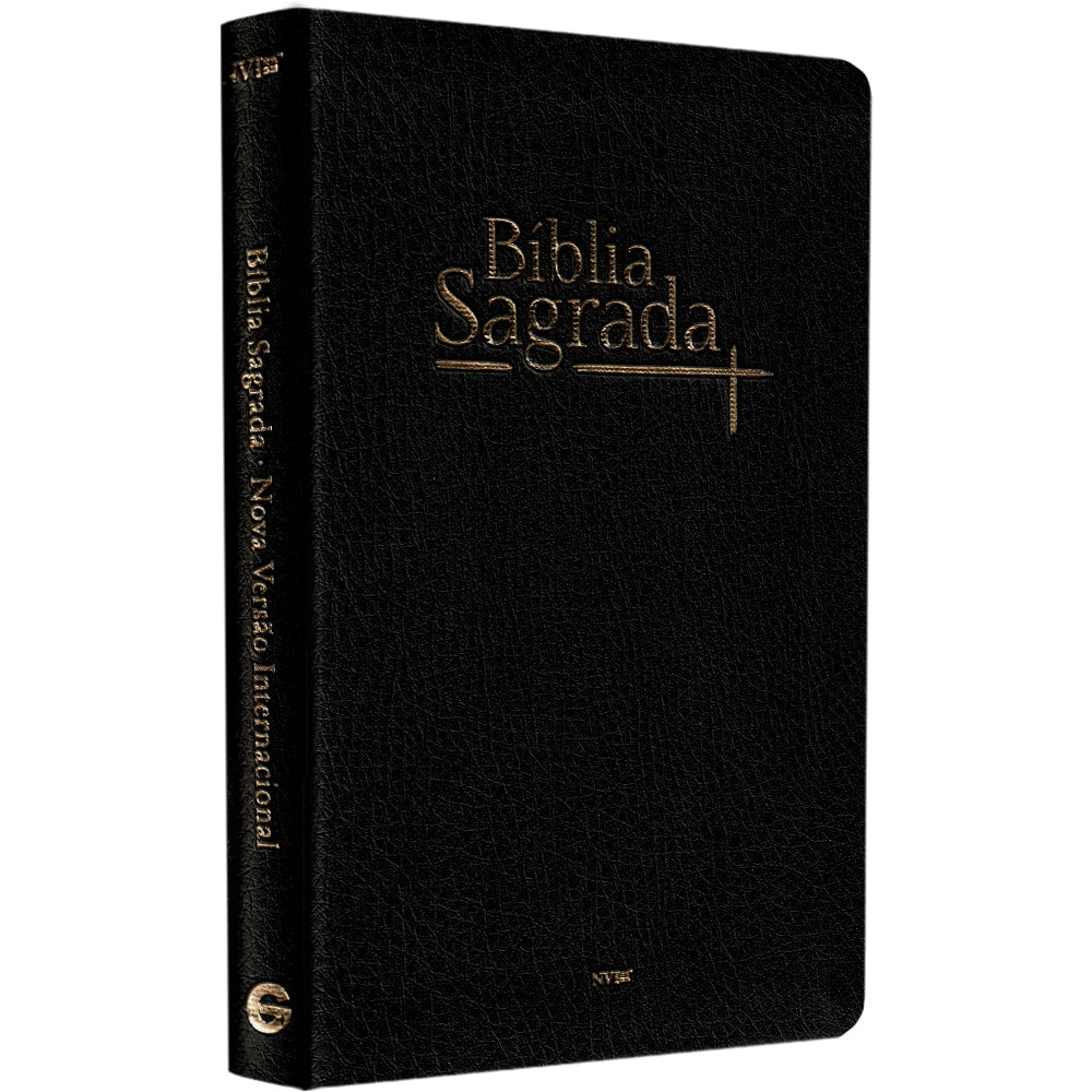 Bíblia Sagrada NVI, capa luxo preta fosca, letra normal, com detalhes dourados e cruz. — Plenitude