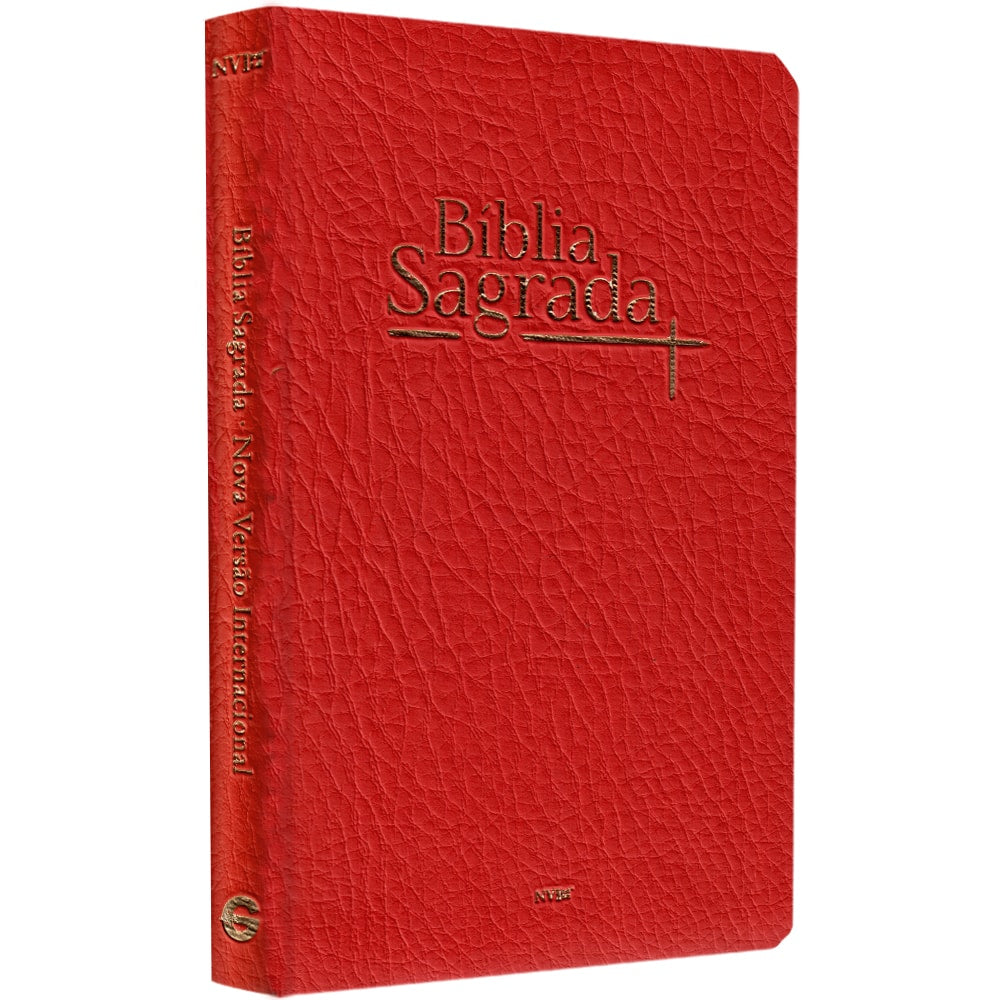 Bíblia Sagrada NVI, capa luxo vermelha com textura, detalhes dourados e cruz. — Plenitude