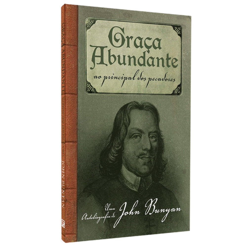 Livro "Graça Abundante" de John Bunyan, capa verde-acinzentada com retrato antigo. — Plenitude