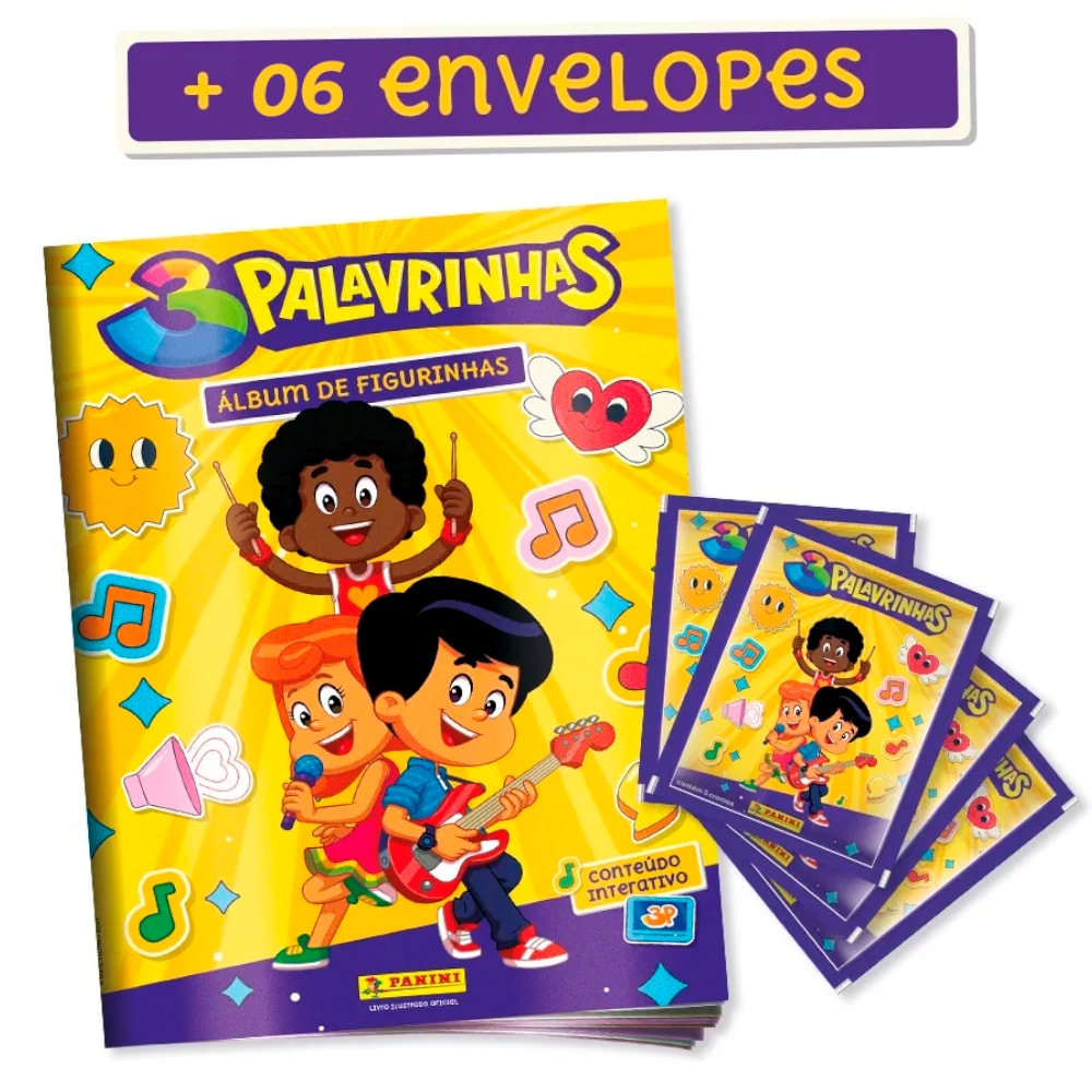 Álbum de figurinhas "3 Palavrinhas" com 6 envelopes, capa amarela com personagens infantis. — Plenitude