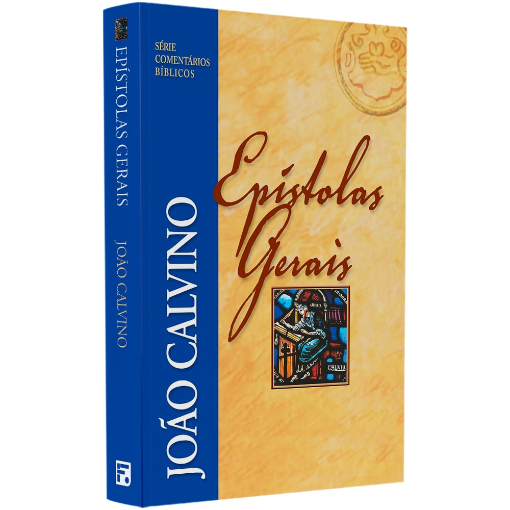 Livro Epístolas Gerais de João Calvino, capa azul e bege com ilustração antiga. — Plenitude