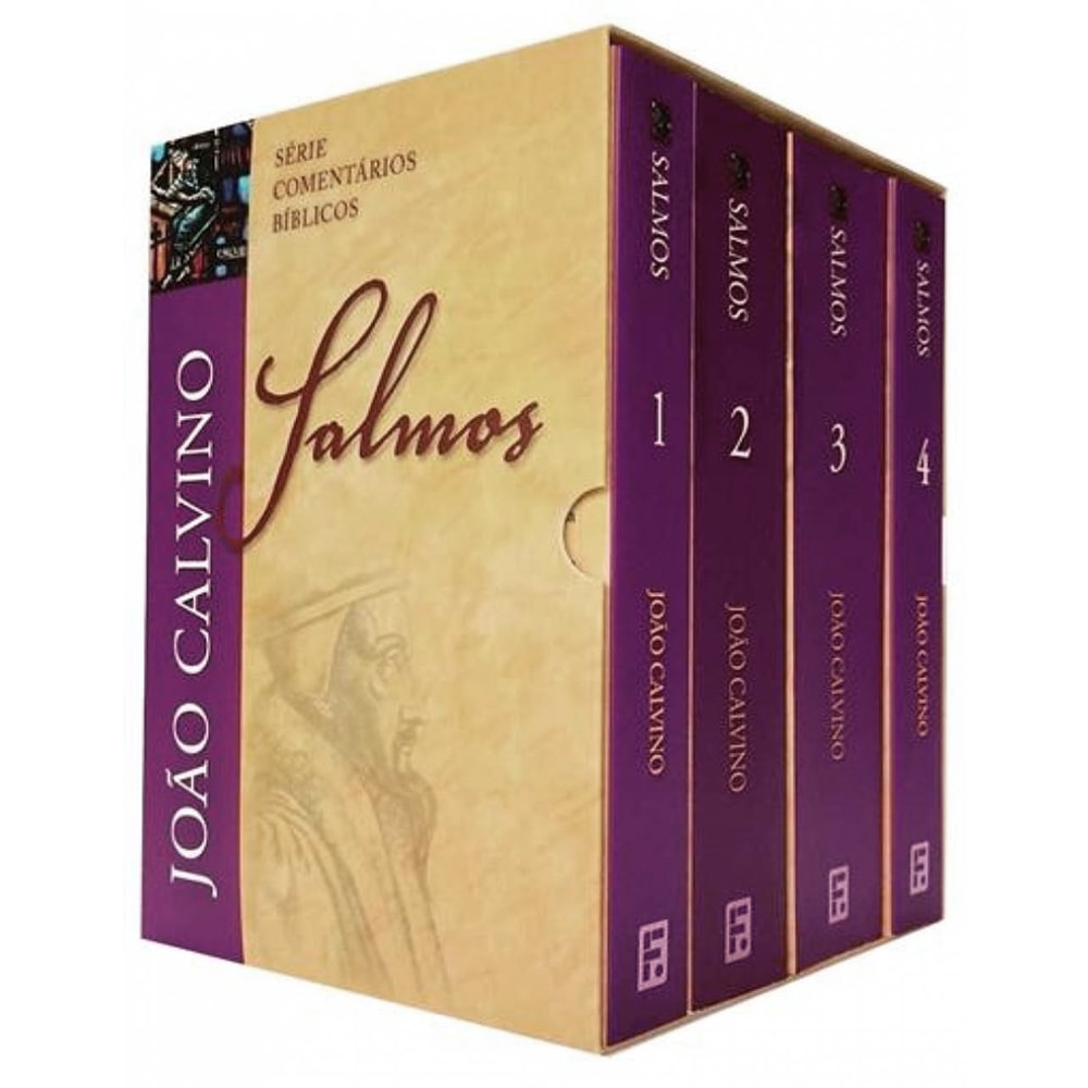 Box de livros Salmos 1 a 4, capa bege e roxa com ilustração e títulos em dourado. — Plenitude