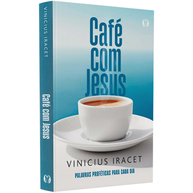 Livro Devocional Café Com Jesus de Vinicius Iracet, capa azul com xícara de café. — Plenitude