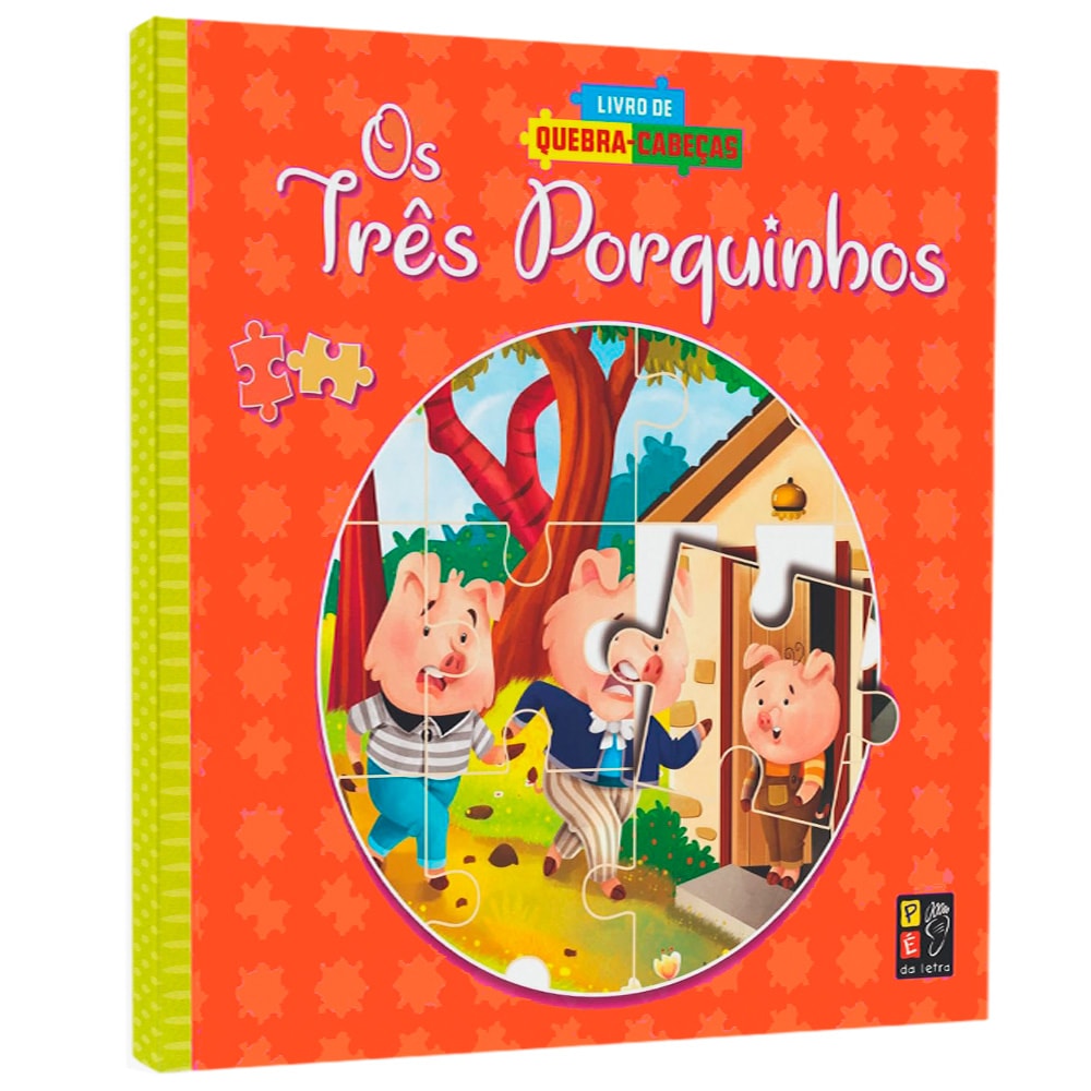 Livro de quebra-cabeças "Os Três Porquinhos", capa laranja com porquinhos. — Plenitude