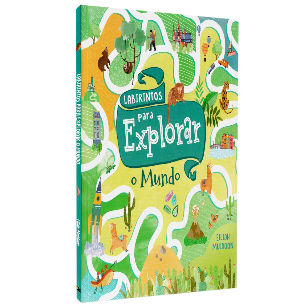 Livro de atividades "Labirintos Para Explorar O Mundo" de Eilidh Muldoon, capa colorida com animais. — Plenitude