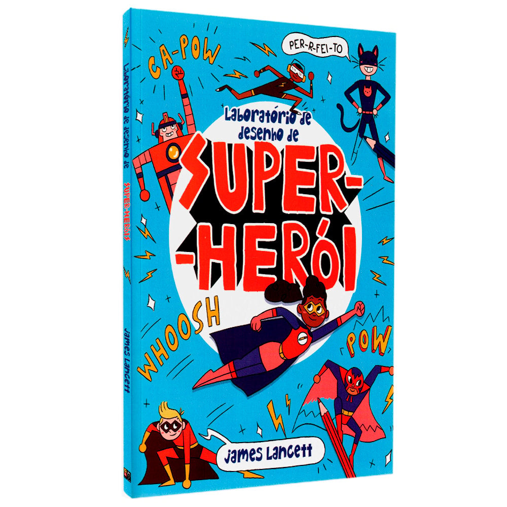 Livro de capa dura "Laboratório De Desenho De Super-Herói" de James Lancett, capa azul com ilustrações de super-heróis. — Plenitude