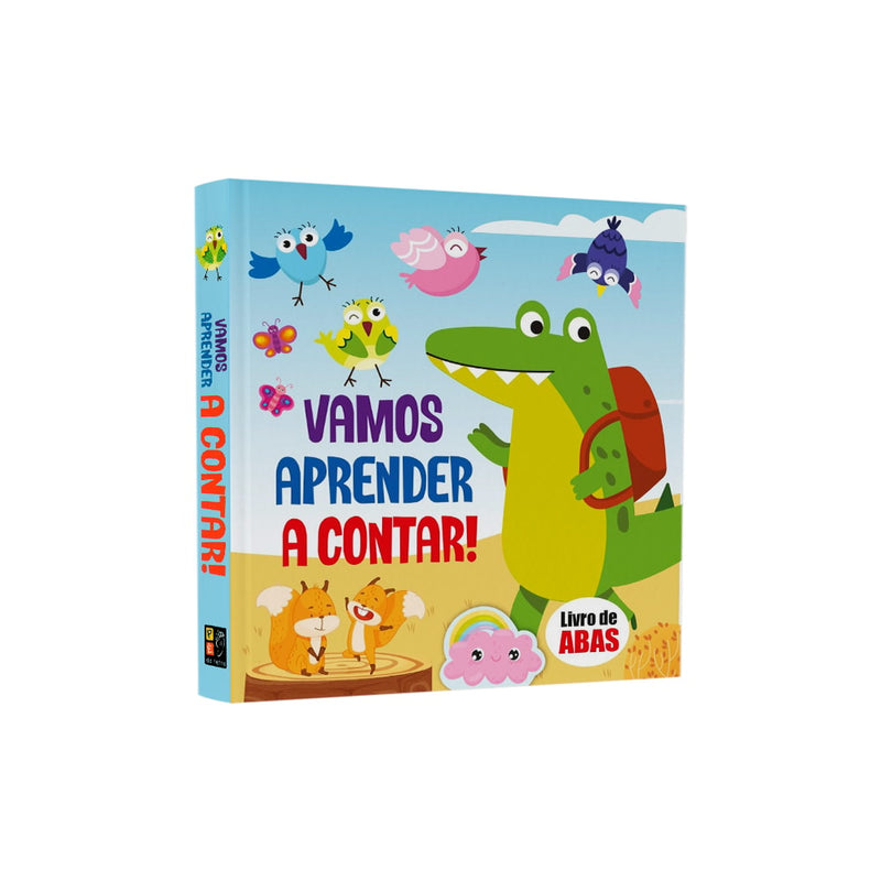 Livro de abas "Vamos Aprender A Contar!", capa azul com jacaré e pássaros. — Plenitude