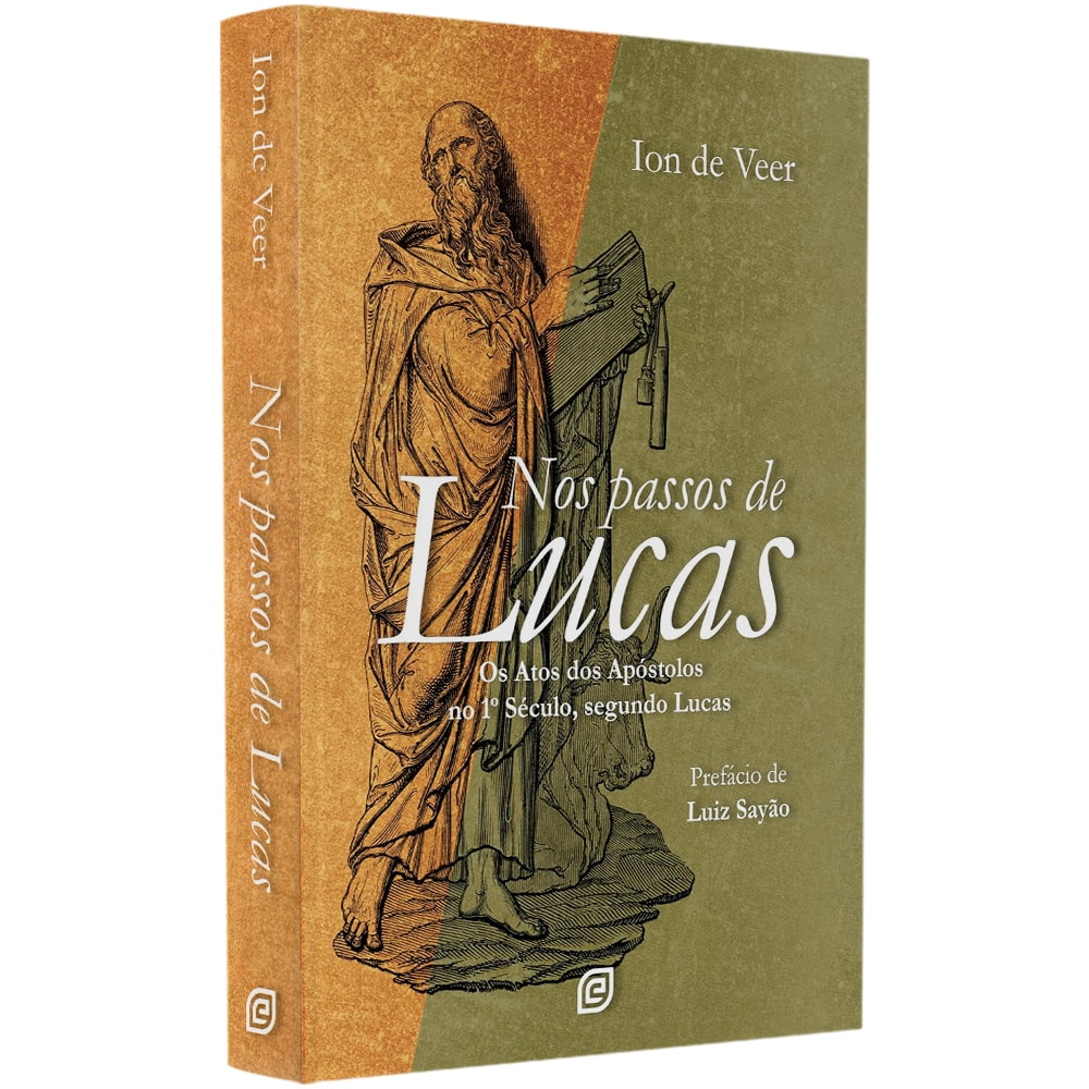 Livro "Nos Passos de Lucas" de Ion De Veer, capa com ilustração de Lucas escrevendo. — Plenitude