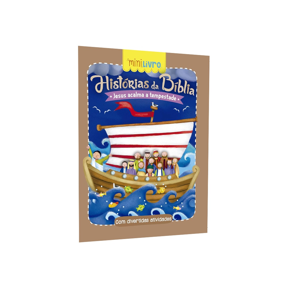 Capa do Mini Livro Histórias da Bíblia: Jesus Acalma a Tempestade, com barco em mar agitado. — Plenitude