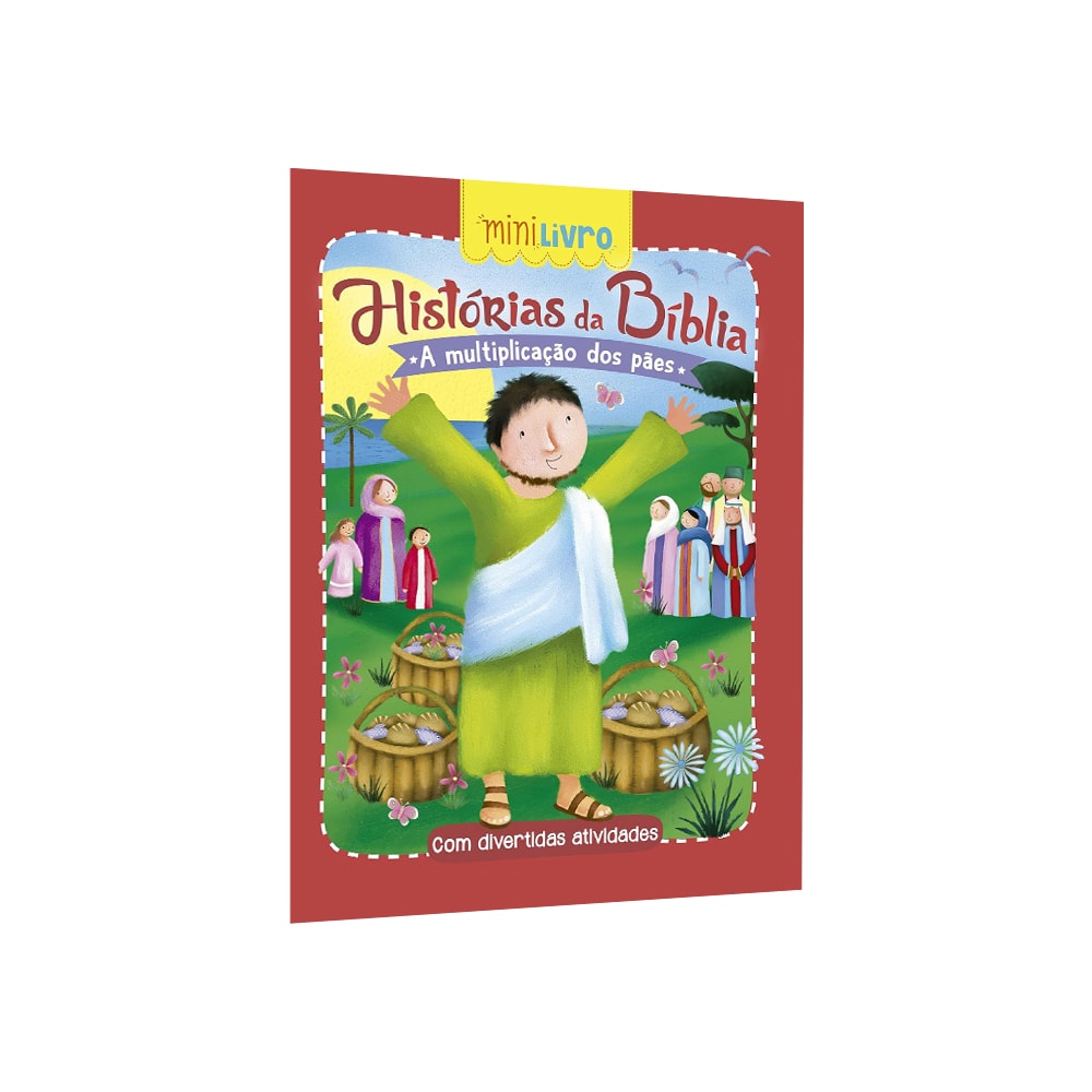 Mini Livro "Histórias da Bíblia: A Multiplicação dos Pães", capa vermelha com ilustração de Jesus e cestos. — Plenitude
