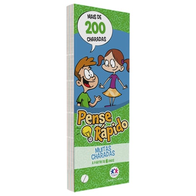Livro Flash Cards Pense Rápido Muitas Charadas, capa verde com crianças e balão de fala. — Plenitude