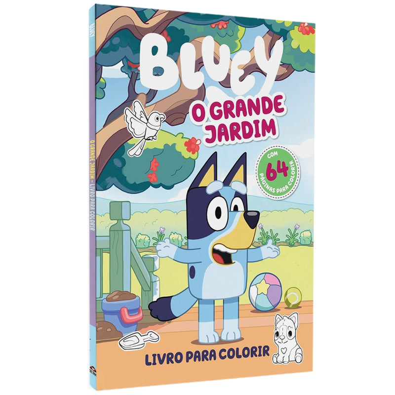 Bluey Livro para Colorir, King Books, capa azul com Bluey no jardim. — Plenitude